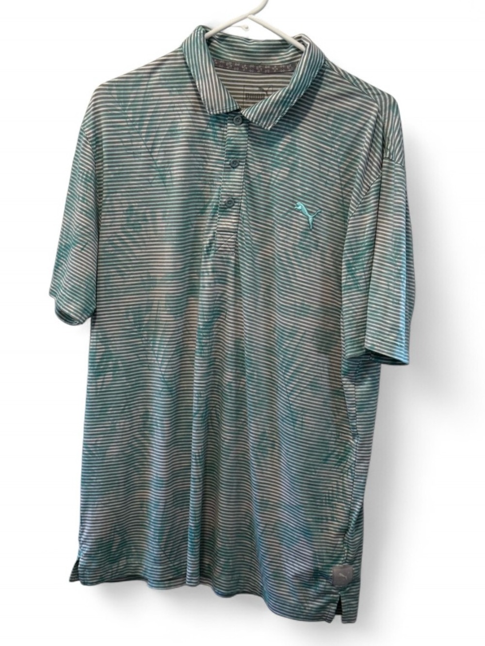 Puma Men's Teal and White Striped Polo